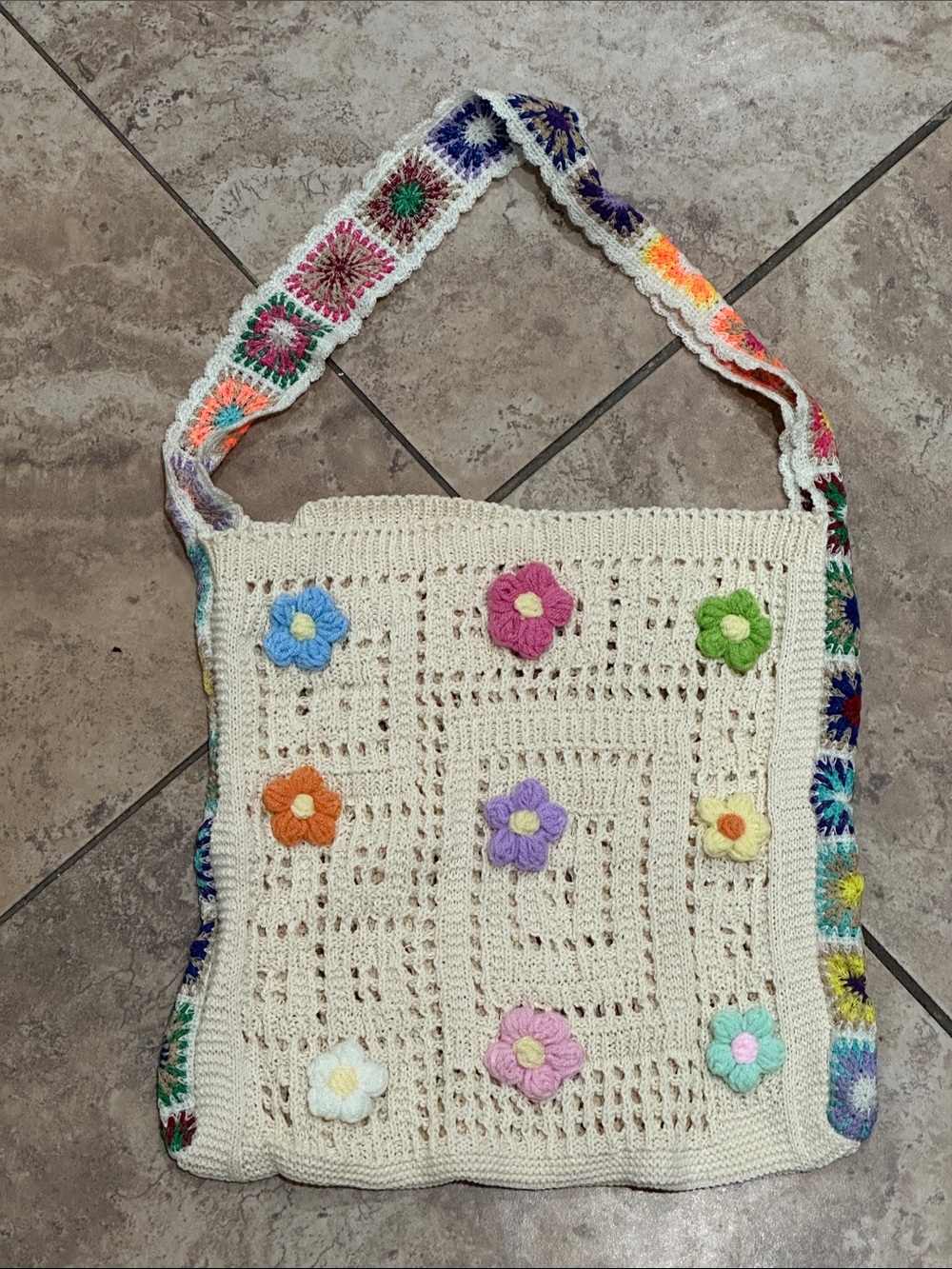 Handmade Cream Crochet Flower Crossbody Bag